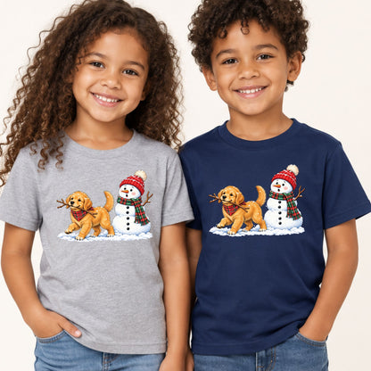Golden Retriever Christmas T-Shirt, Puppy and Snowman Plaid Scarf Tee, Cute Winter Sweatshirt