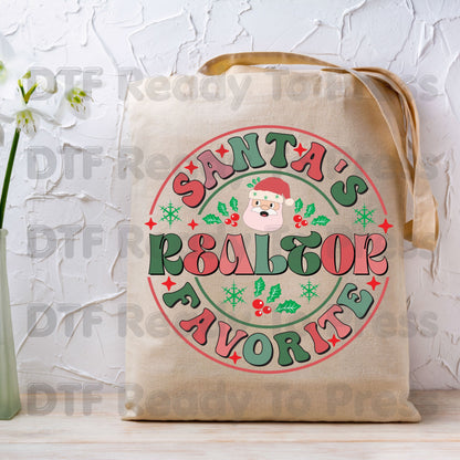 Santa's Favorite Realtor DTF Transfers, Christmas Real Estate Retro Circle Graphic Ready to Press