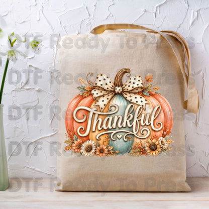Thanksgiving Pumpkin DTF Transfer Ready to Press Thankful Heat Transfer For Shirts Polka Dot Bow Sunflowers Autumn Fall Vibe Floral Print