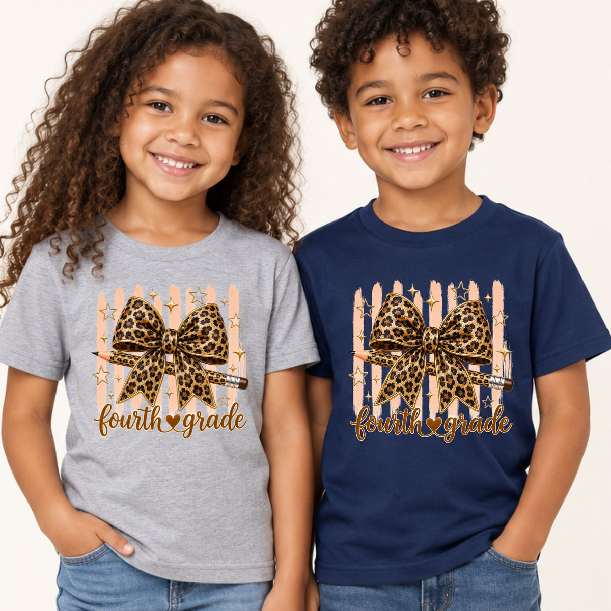 Fourth Grade Leopard Bow Pencil T-Shirt, Cute Back to School Tee for Toddler and Kids