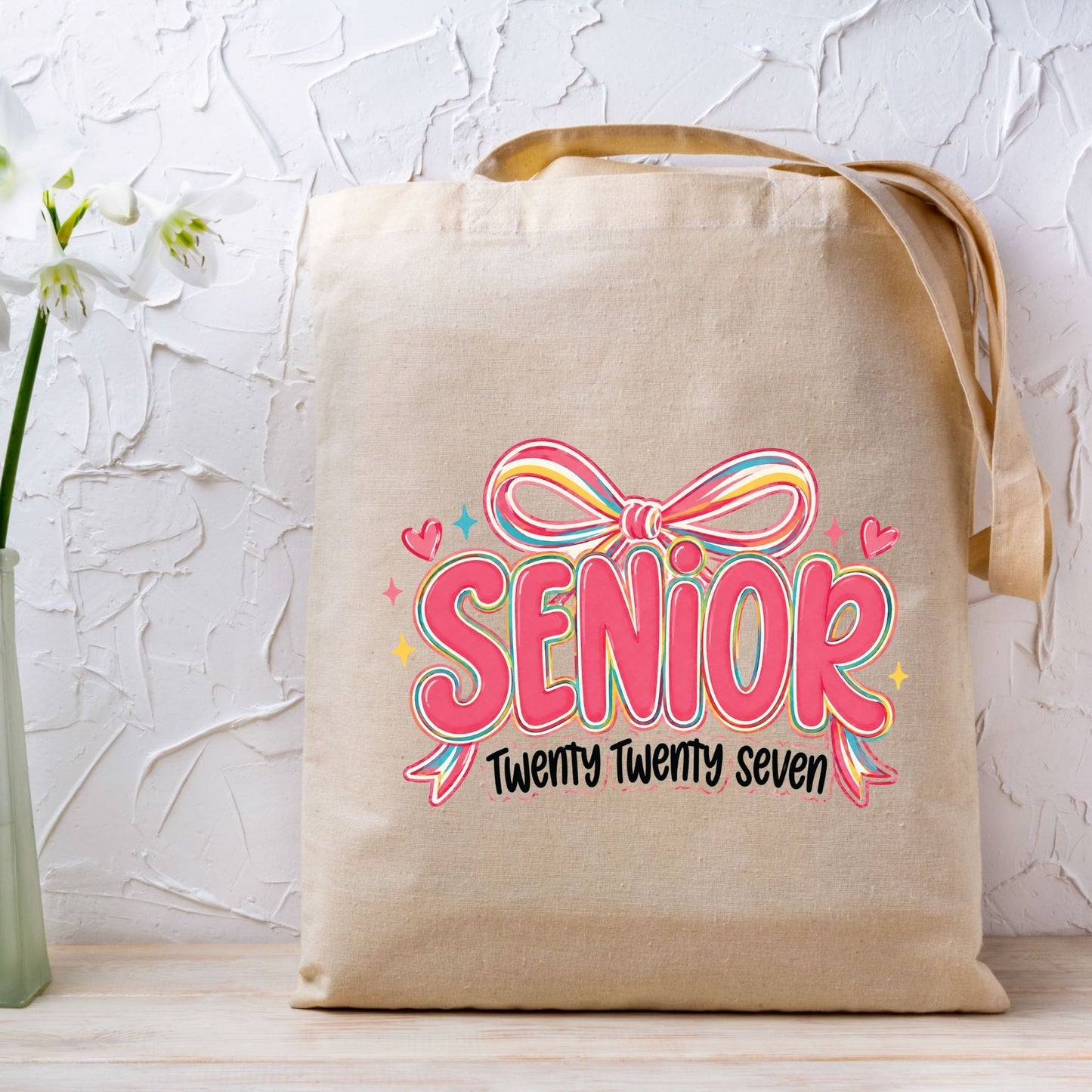 Senior Twenty Twenty Seven DTF Transfer Ready to Press Graduation Heat Transfer for Shirts Pink Multi Color Bow Retro Bubble Font Tee