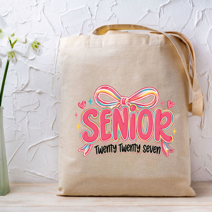 Senior Twenty Twenty Seven DTF Transfer Ready to Press Graduation Heat Transfer for Shirts Pink Multi Color Bow Retro Bubble Font Tee