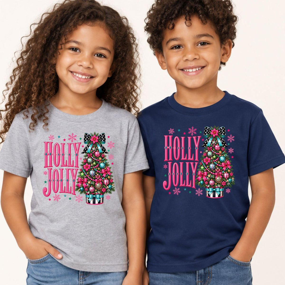 Pink Christmas Tree T-Shirt, Holly Jolly Bow and Snowflake Graphic Tee, Cute Holiday Shirt