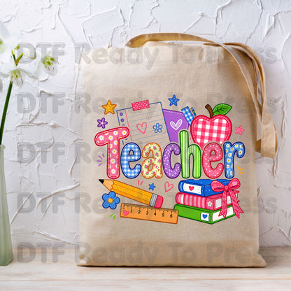 Teacher Apple Books Pencil DTF Transfers, Colorful School Supplies Back to School Ready to Press