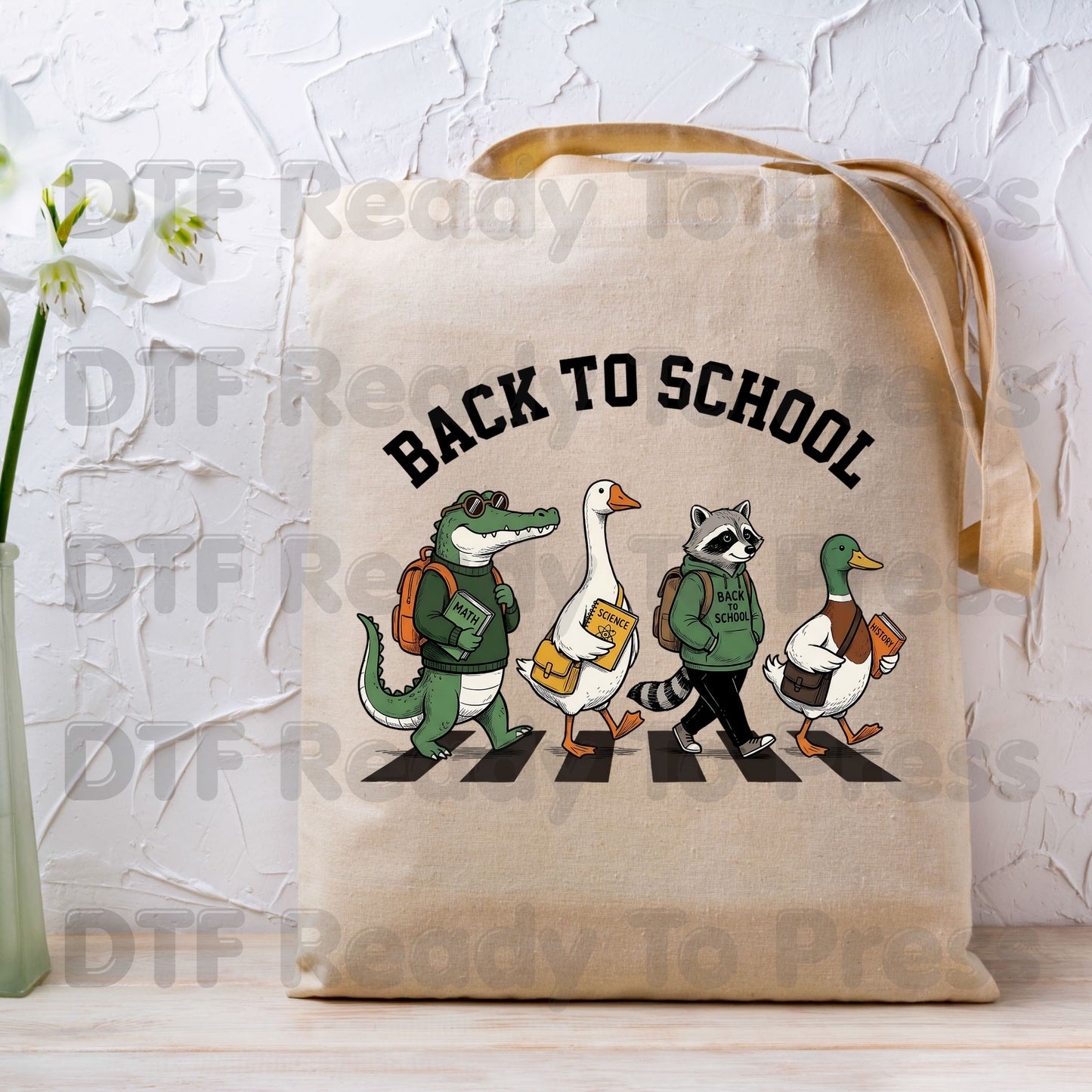 Back to School Abbey Road Animals DTF Transfers, Alligator Goose Raccoon Duck Ready to Press