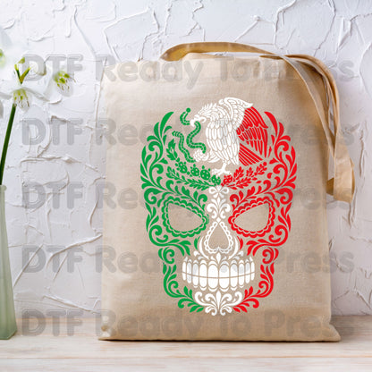 Mexican Flag Sugar Skull DTF Transfers, Eagle Coat of Arms Dia de los Muertos Ready to Press
