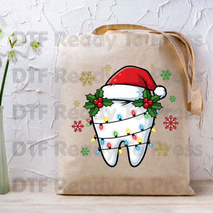 Christmas Tooth Santa Hat DTF Transfers, Dental Holiday Lights Snowflake Festive Ready to Press