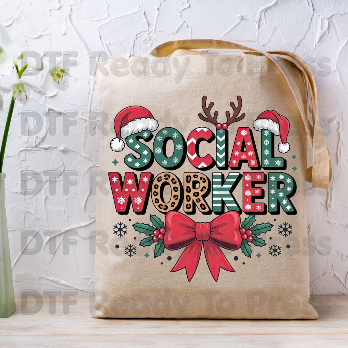 Christmas Social Worker DTF Transfers, Holiday Santa Hat Leopard Bow Social Work Ready to Press