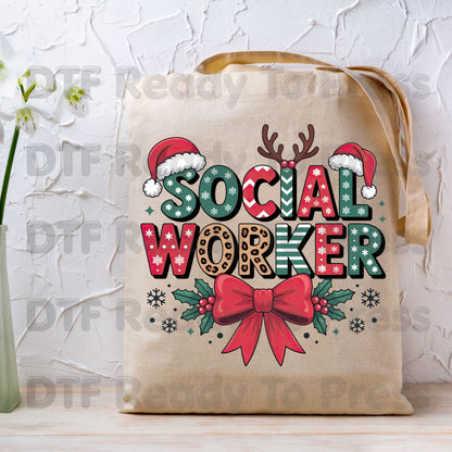 Christmas Social Worker DTF Transfers, Holiday Santa Hat Leopard Bow Social Work Ready to Press