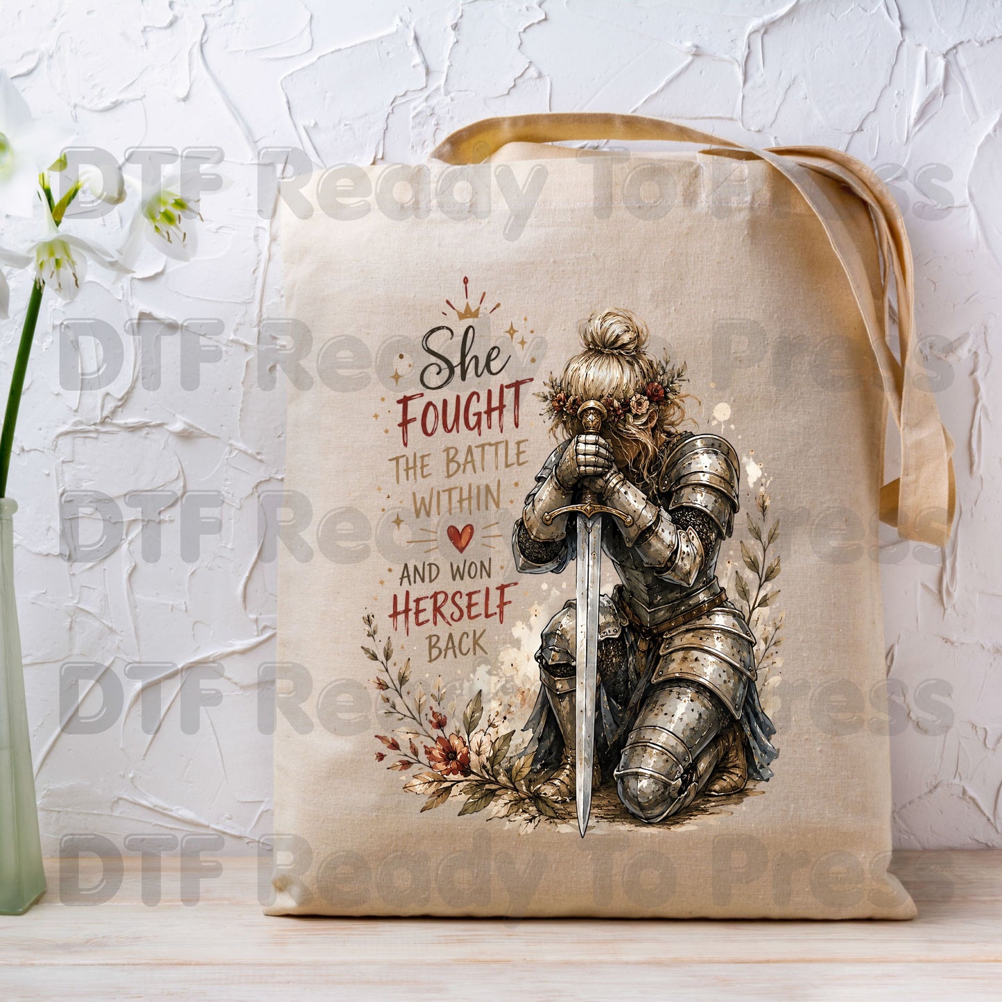 Inspirational Knight Girl DTF Transfers, She Fought the Battle Within Female Warrior Sword Armor Motivational Ready to Press