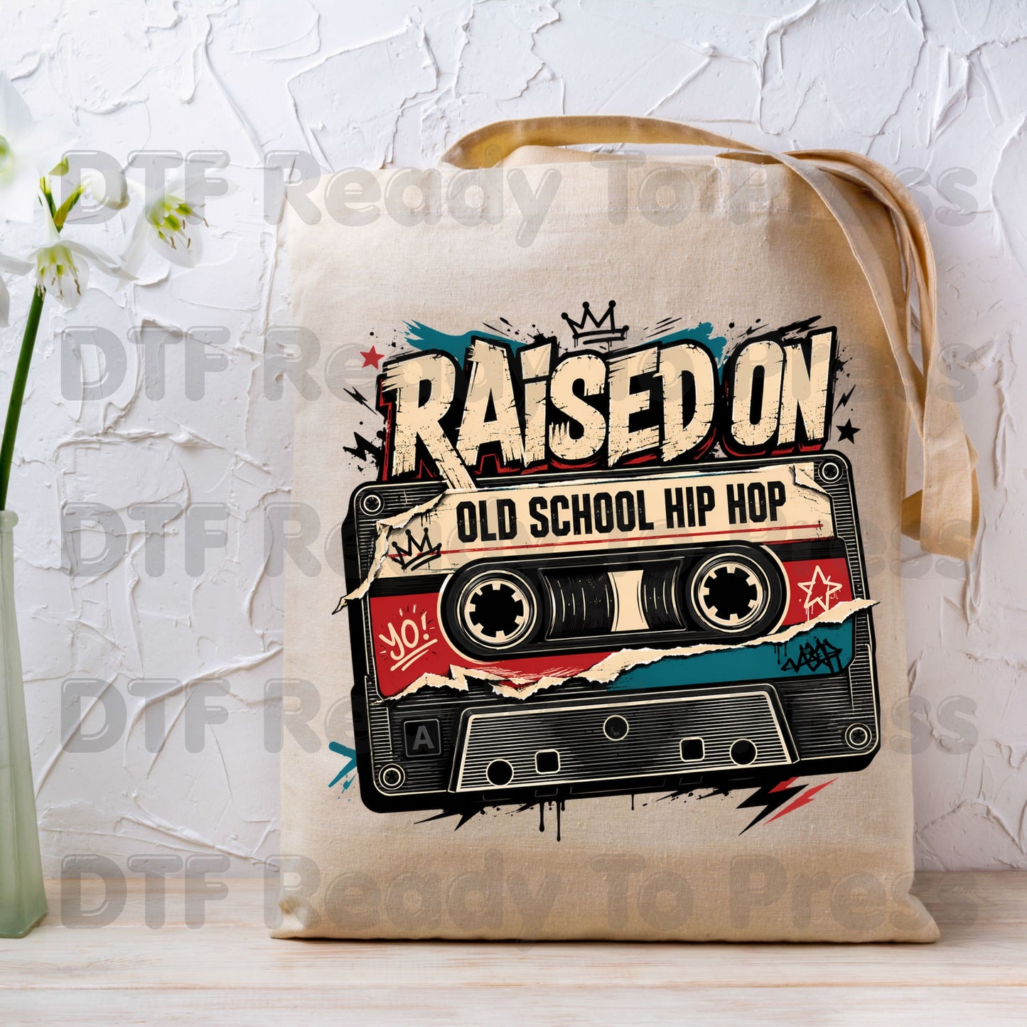 Vintage Cassette Tape DTF Transfers, Raised on Old School Hip Hop Retro Music Graffiti Crown Ready to Press