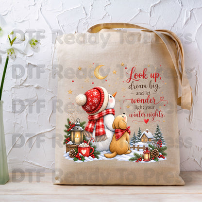 Snowman Dog DTF Transfers, Look Up Dream Big Quote Cute Winter Christmas Ready to Press