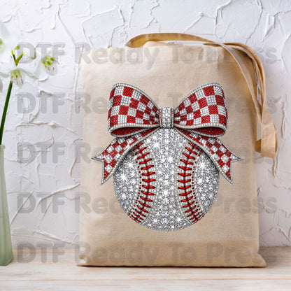Coquette Baseball DTF Transfers, Sparkle Baseball Red Checkered Bow Sports Mom Girl Ready to Press