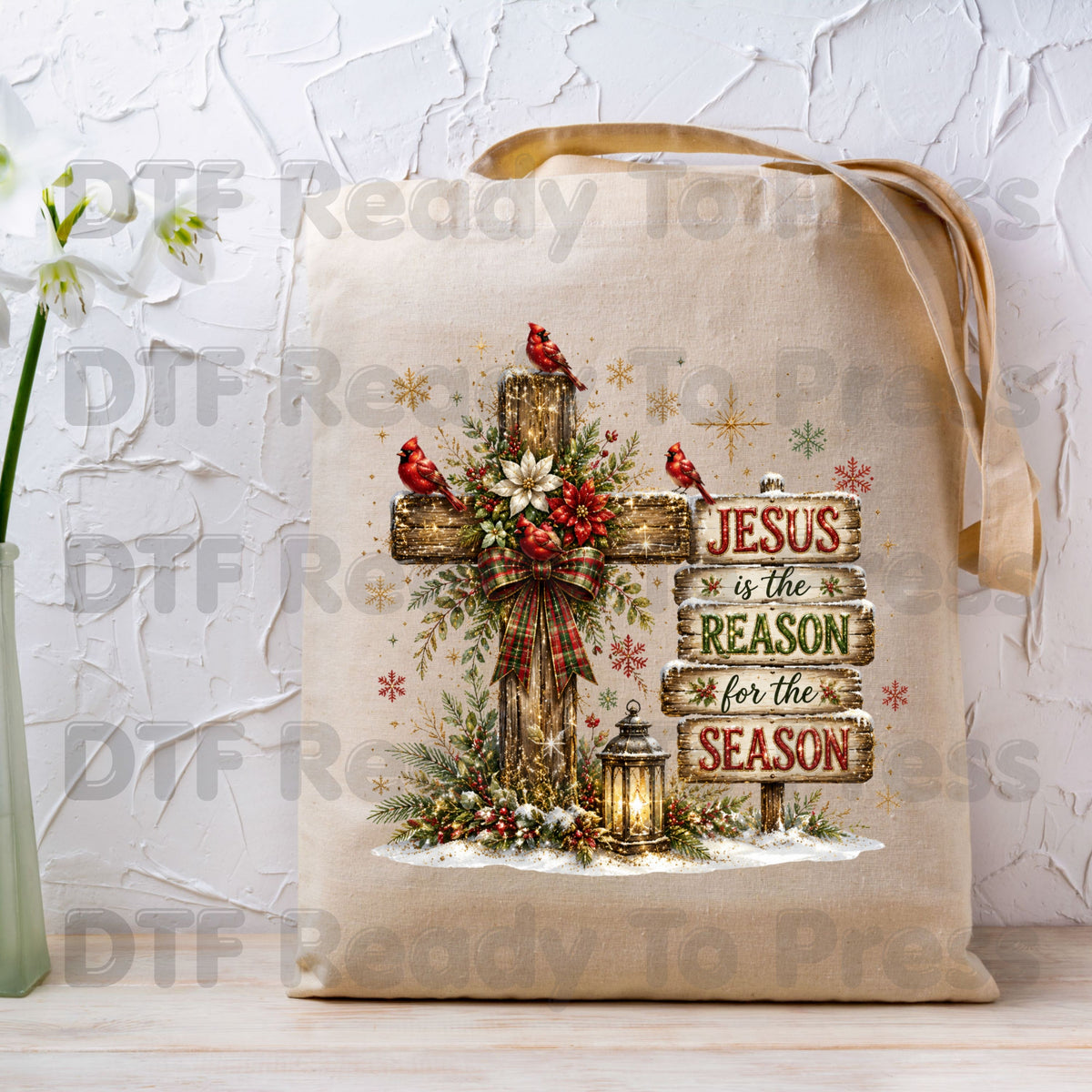 Jesus Is the Reason Christmas DTF Transfers, Cross Red Cardinals Christian Holiday Ready to Press
