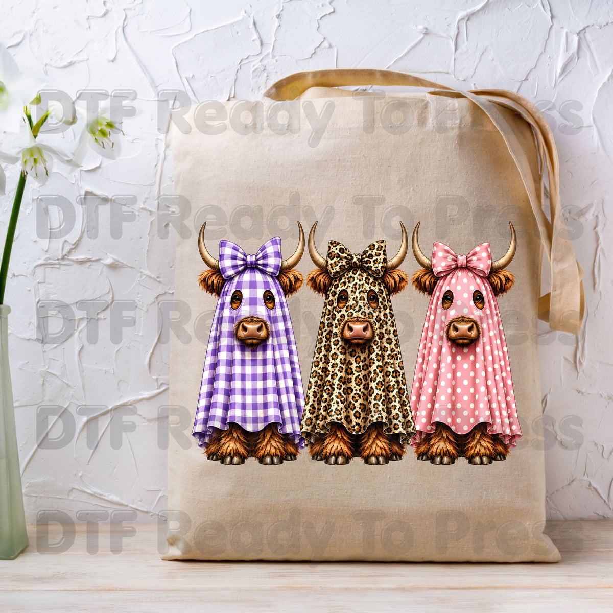 Highland Cow Ghost DTF Transfers, Halloween Spooky Cow Leopard Polka Dot Bow Ready to Press
