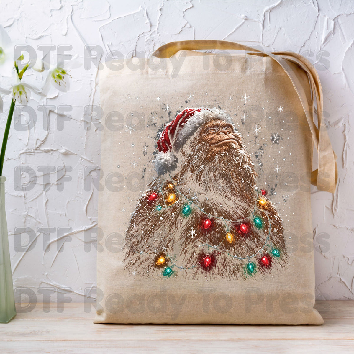 Christmas Bigfoot DTF Transfer, Santa Sasquatch Lights