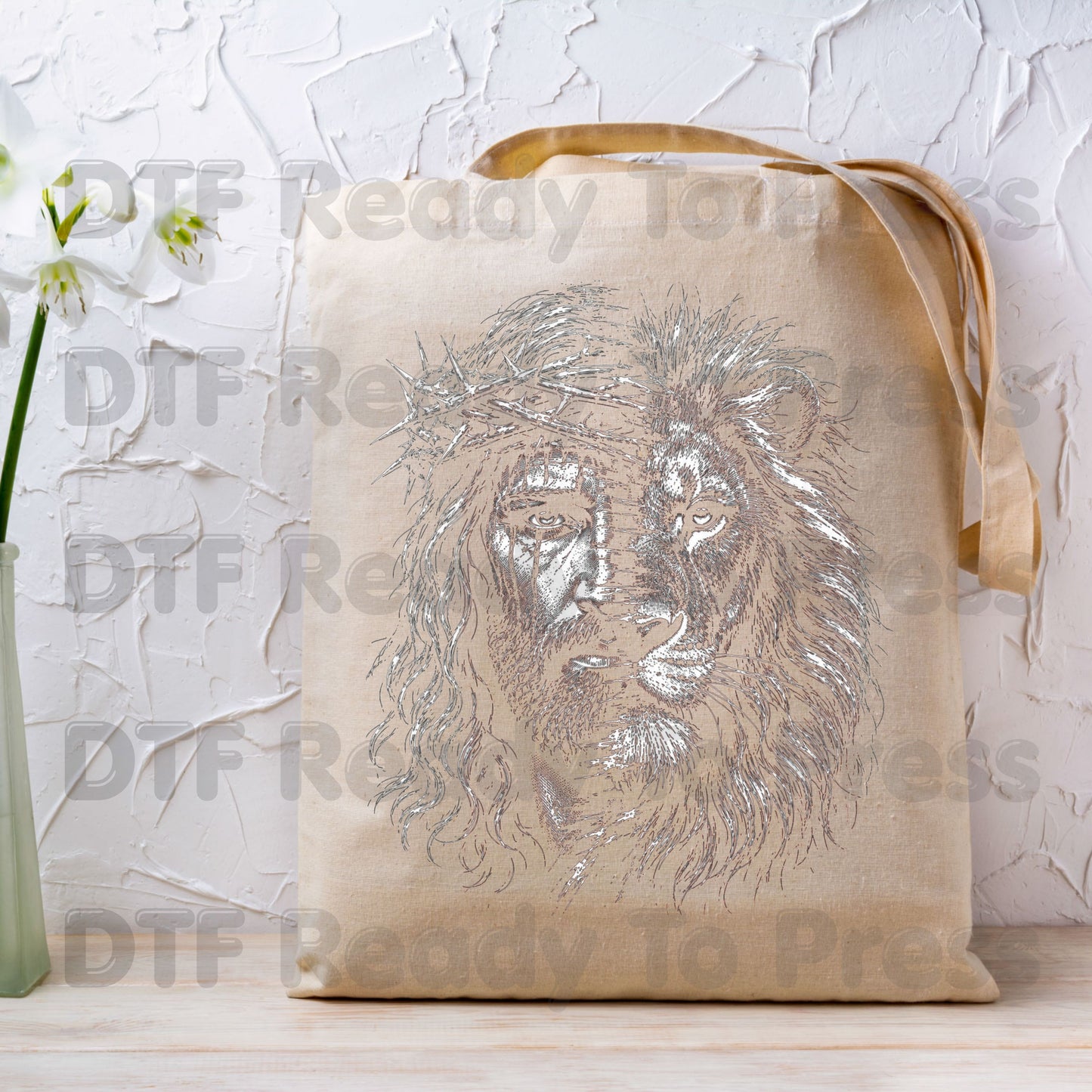 Lion and Jesus DTF Transfers, Lion of Judah Crown of Thorns Christian Faith Sketch Ready to Press