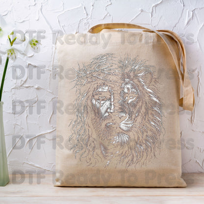 Lion and Jesus DTF Transfers, Lion of Judah Crown of Thorns Christian Faith Sketch Ready to Press