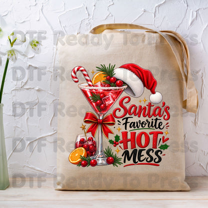 Santa's Favorite Hot Mess DTF Transfers, Funny Cocktail Drink Christmas Holiday Ready to Press