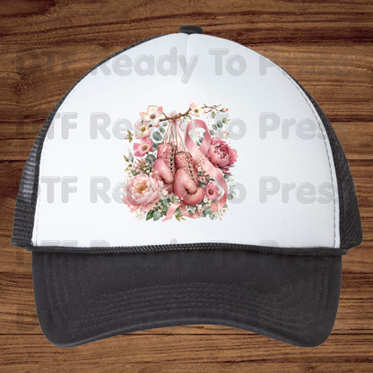 Pink Boxing Gloves Breast Cancer Awareness DTF Transfer Ready to Press Heat Transfer Floral Ribbon Tee