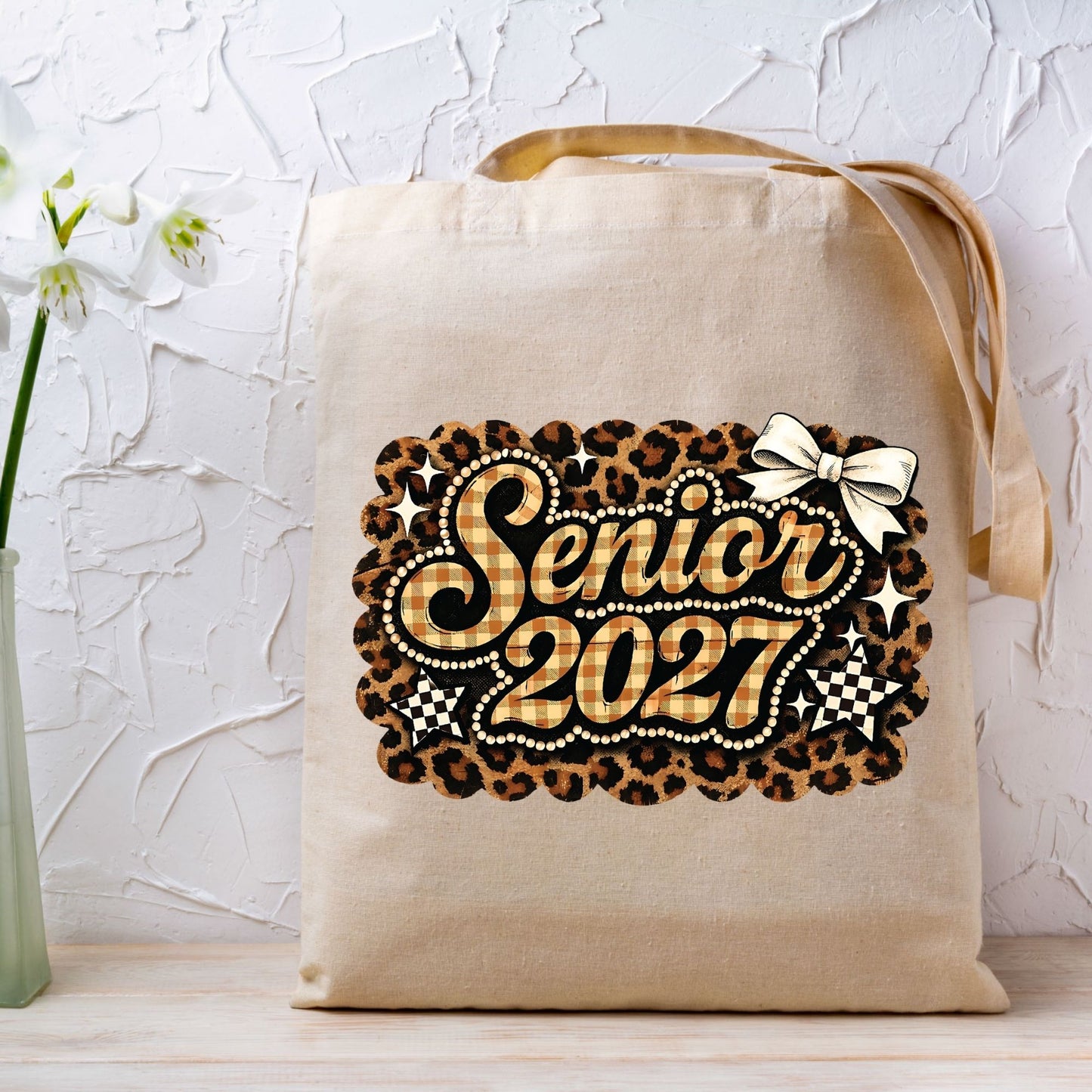 Senior 2027 DTF Transfer Ready to Press Graduation Heat Transfer for Shirts Brown Plaid Leopard Pearl Bow Stars Graphic Tee