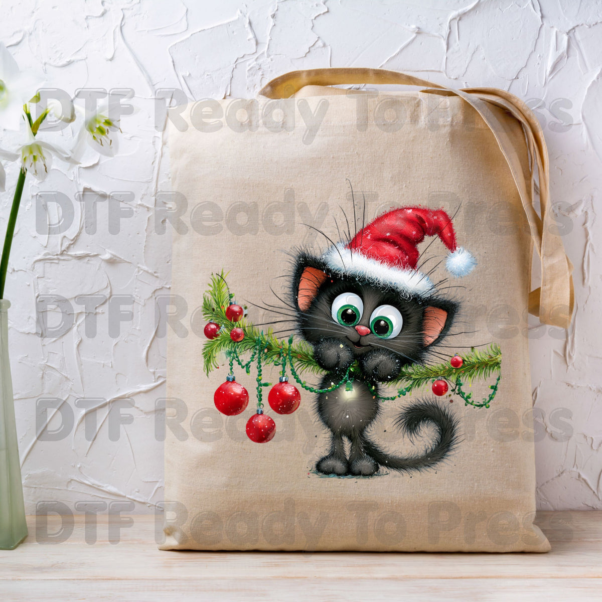 Black Cat Christmas DTF Transfers, Santa Hat Christmas Lights Cute Kitten Holiday Ready to Press