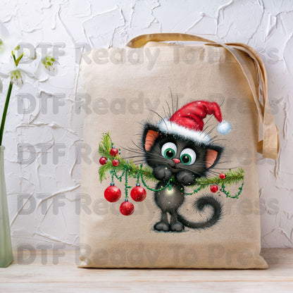 Black Cat Christmas DTF Transfers, Santa Hat Christmas Lights Cute Kitten Holiday Ready to Press