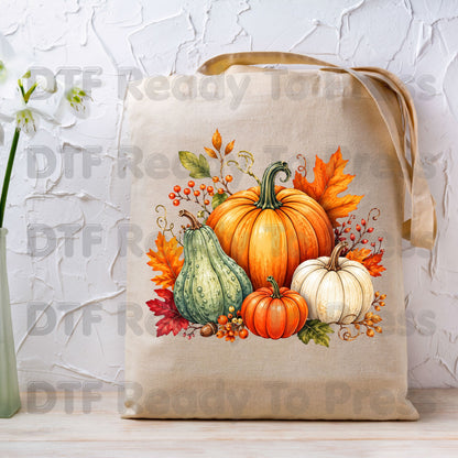 Fall Pumpkin DTF Transfer, Watercolor Harvest Gourd and Leaves Ready to Press