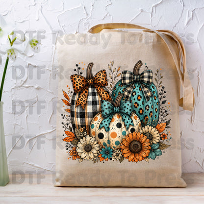 Fall DTF Transfers, Leopard Plaid Pumpkins Teal Orange Floral Thanksgiving Ready to Press