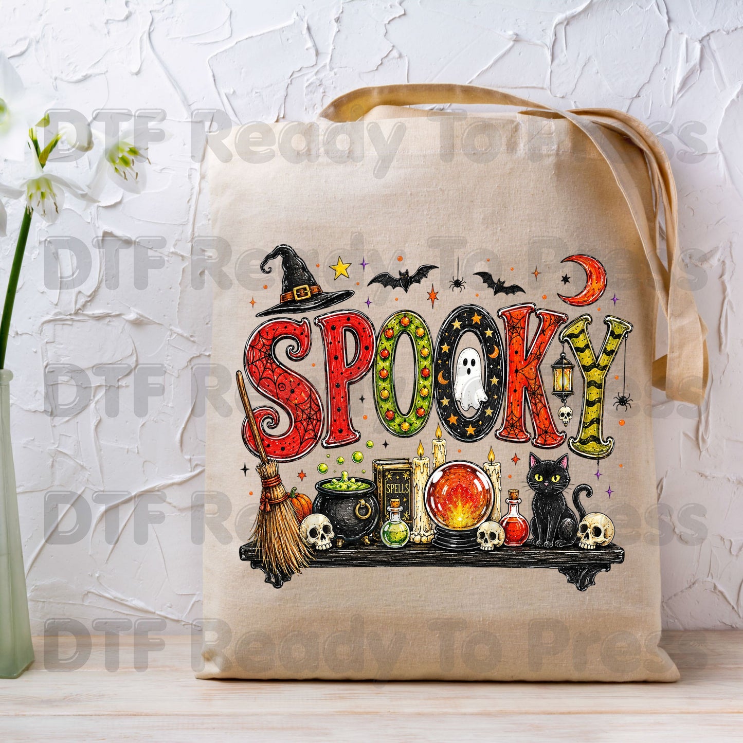 Halloween Witch Shelf DTF Transfers, Black Cat Crystal Ball Cauldron Potion Skull Spooky Ready to Press