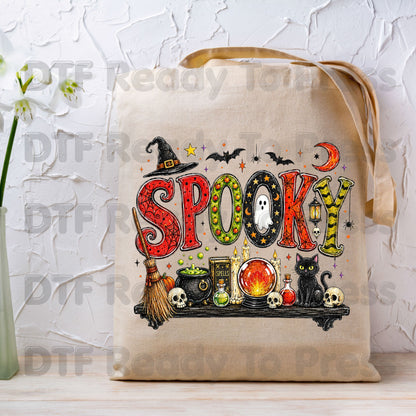 Halloween Witch Shelf DTF Transfers, Black Cat Crystal Ball Cauldron Potion Skull Spooky Ready to Press