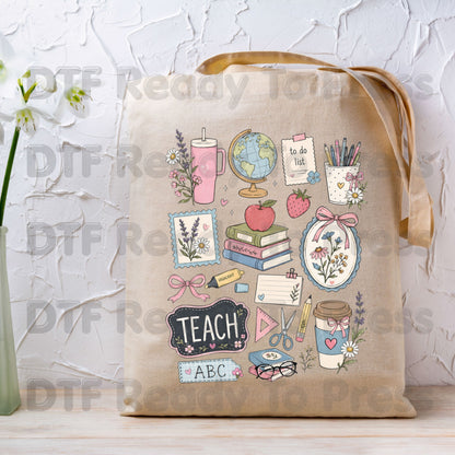 Cute Teacher Supplies DTF Transfers, Coquette Aesthetic Books Coffee Globe Teach Pink Bows Back to School Ready to Press
