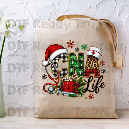 Christmas CNA Life DTF Transfers, Nursing Medical Leopard Plaid Stethoscope Holiday Ready to Press