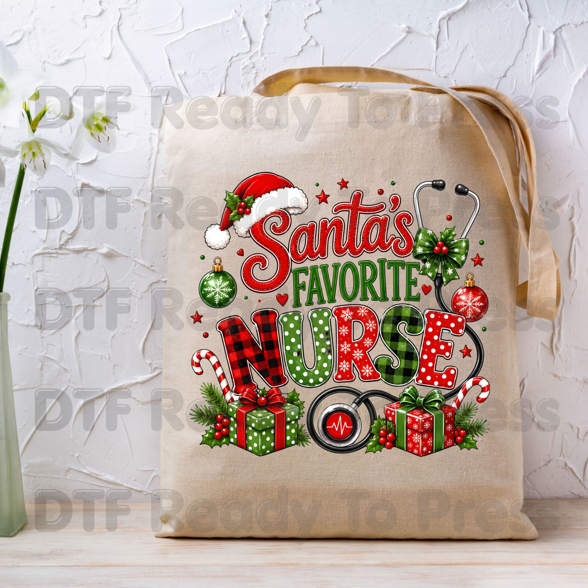 Santa's Favorite Nurse DTF Transfers, Christmas Medical Nursing Stethoscope Holiday Ready to Press
