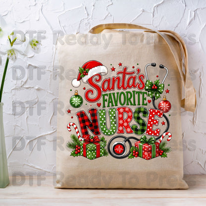 Santa's Favorite Nurse DTF Transfers, Christmas Medical Nursing Stethoscope Holiday Ready to Press