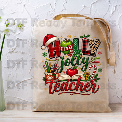 Holly Jolly Teacher DTF Transfers, Christmas School Apple Leopard Book Plaid Holiday Ready to Press