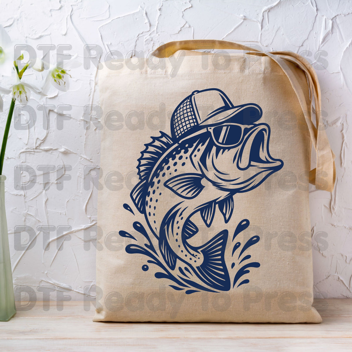 Fishing DTF Transfer, Bass Fish with Sunglasses and Trucker Hat Graphic