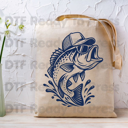 Fishing DTF Transfer, Bass Fish with Sunglasses and Trucker Hat Graphic