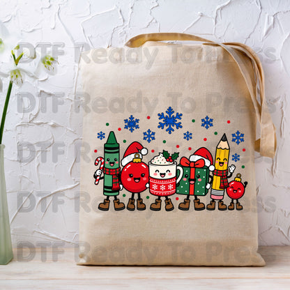 Christmas Teacher Squad DTF Transfers, Holiday School Crayon Cocoa Pencil Teacher Ready to Press