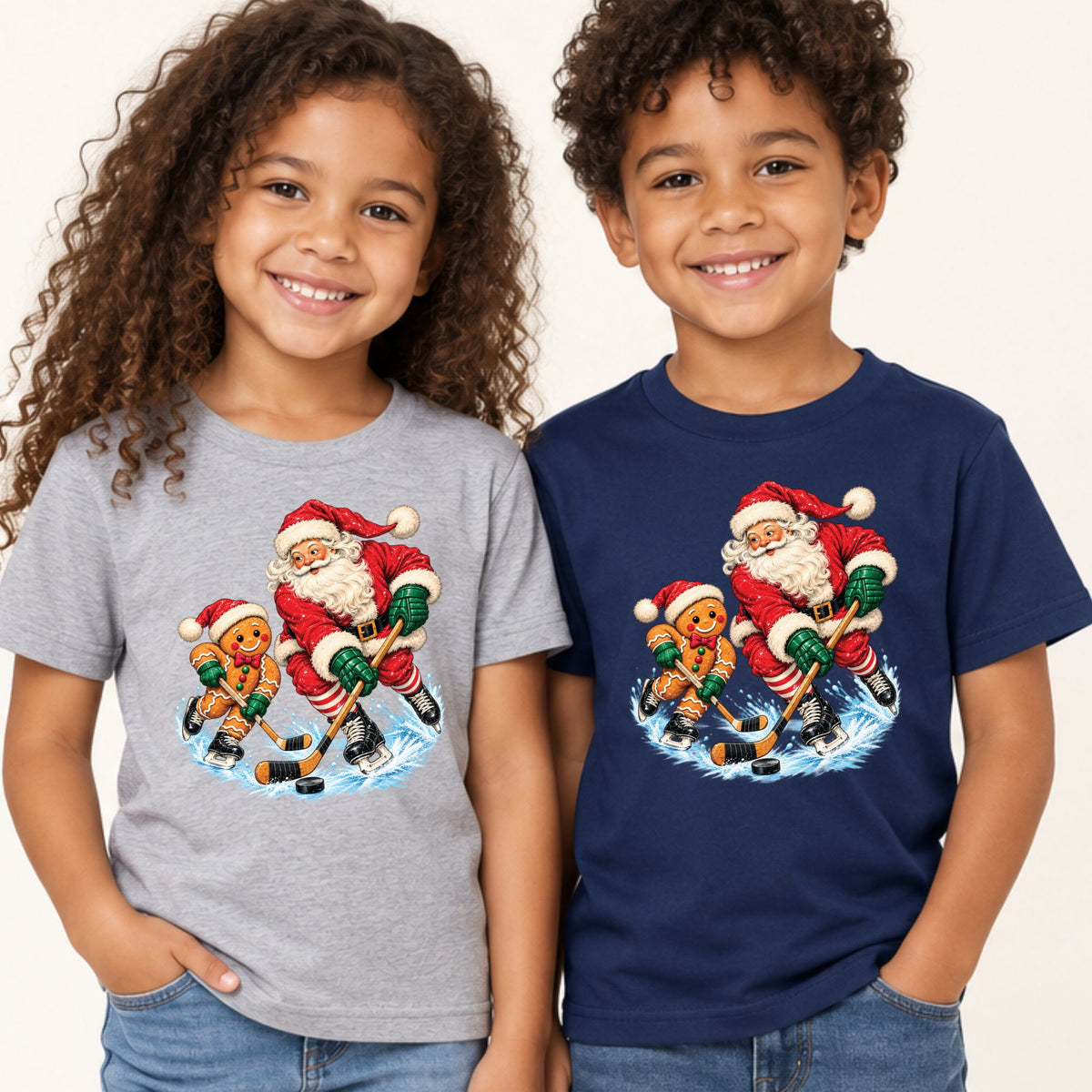 Christmas Hockey T-Shirt, Santa and Gingerbread Man Playing Hockey, Funny Holiday Sports Tee