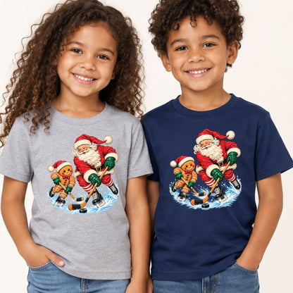 Christmas Hockey T-Shirt, Santa and Gingerbread Man Playing Hockey, Funny Holiday Sports Tee