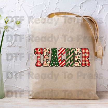 Christmas Teacher Santa Vintage DTF Transfers, School Plaid Stripes Holiday Ready to Press