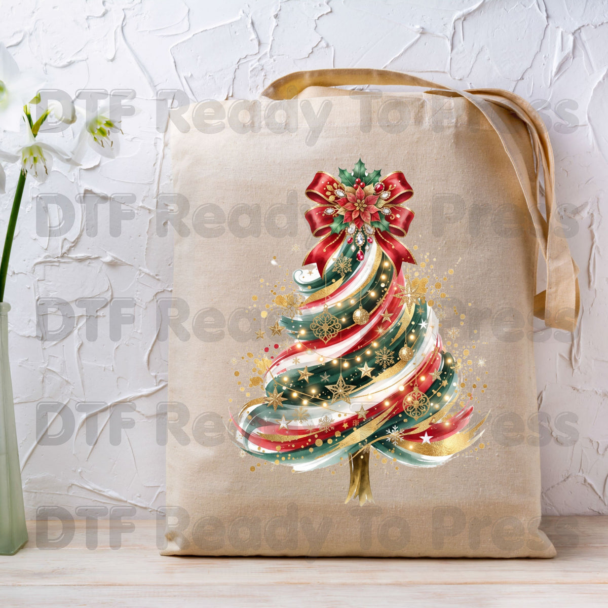 Christmas Tree DTF Transfers, Elegant Ribbon Bow Gold Glitter Holiday Ready to Press