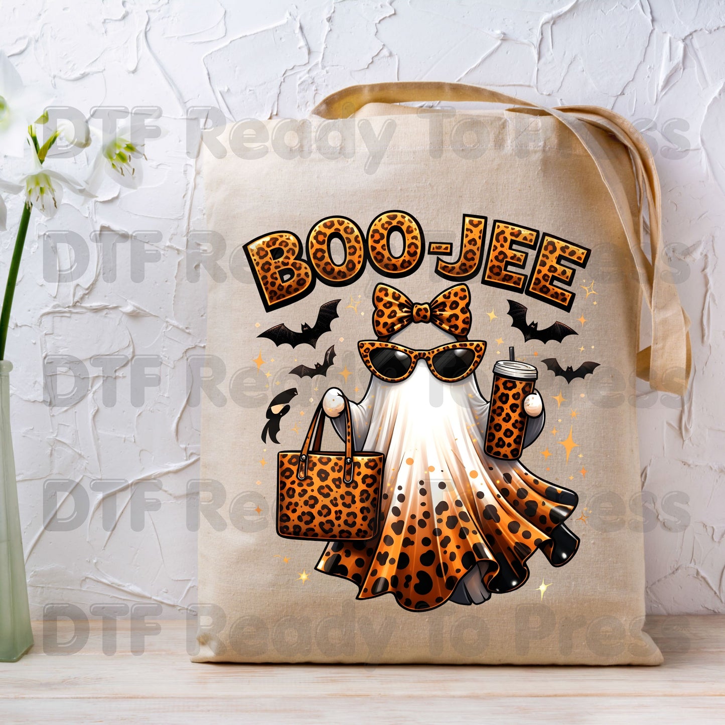 Halloween DTF Transfer Ready to Press Leopard Print Boojee Ghost with Purse Tumbler Glasses Heat Transfer Shirts Trendy Spooky Vibes Tees
