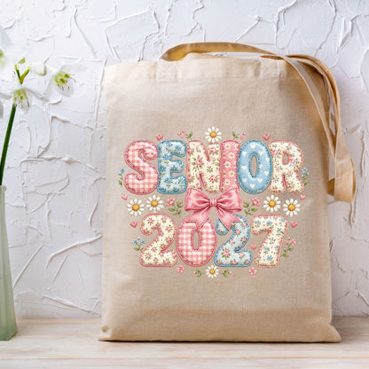 Senior 2027 DTF Transfer Ready to Press Graduation Heat Transfer for Shirts Floral Patchwork Quilted Pink Bow Daisies Graphic Tee