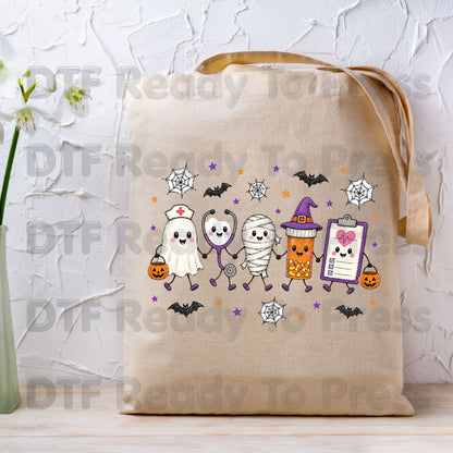 Spooky Nurse Squad DTF Transfers, Halloween Medical Characters Ghost Stethoscope Pill Bottle Ready to Press