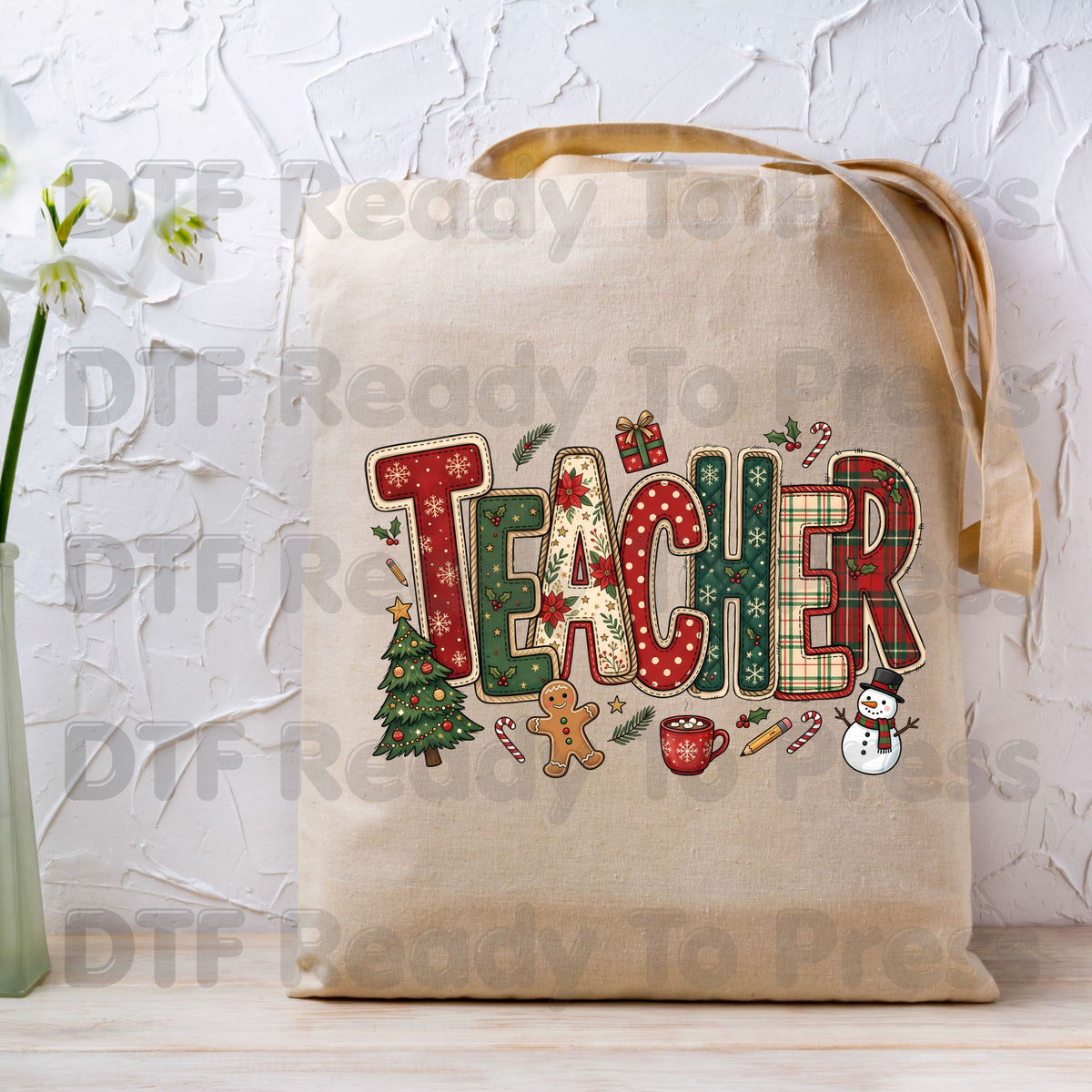 Christmas Teacher Patchwork DTF Transfers, School Snowman Plaid Holiday Ready to Press