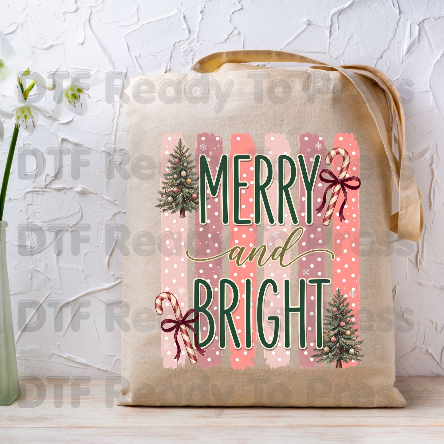 Christmas Merry and Bright DTF Transfer Ready to Press Pink Christmas Tree Candy Cane Heat Transfer for Shirts Retro Holiday Xmas DTF Print Cute Xmas
