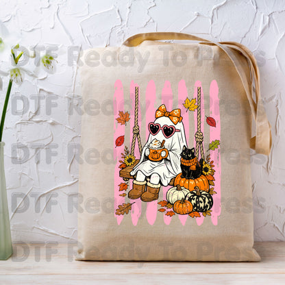 Halloween Ghost DTF Transfer Ready to Press Pink Cute Ghost Swing Heat Transfer For Shirts Spooky Vibes Pumpkin Spice Black Cat Autumn