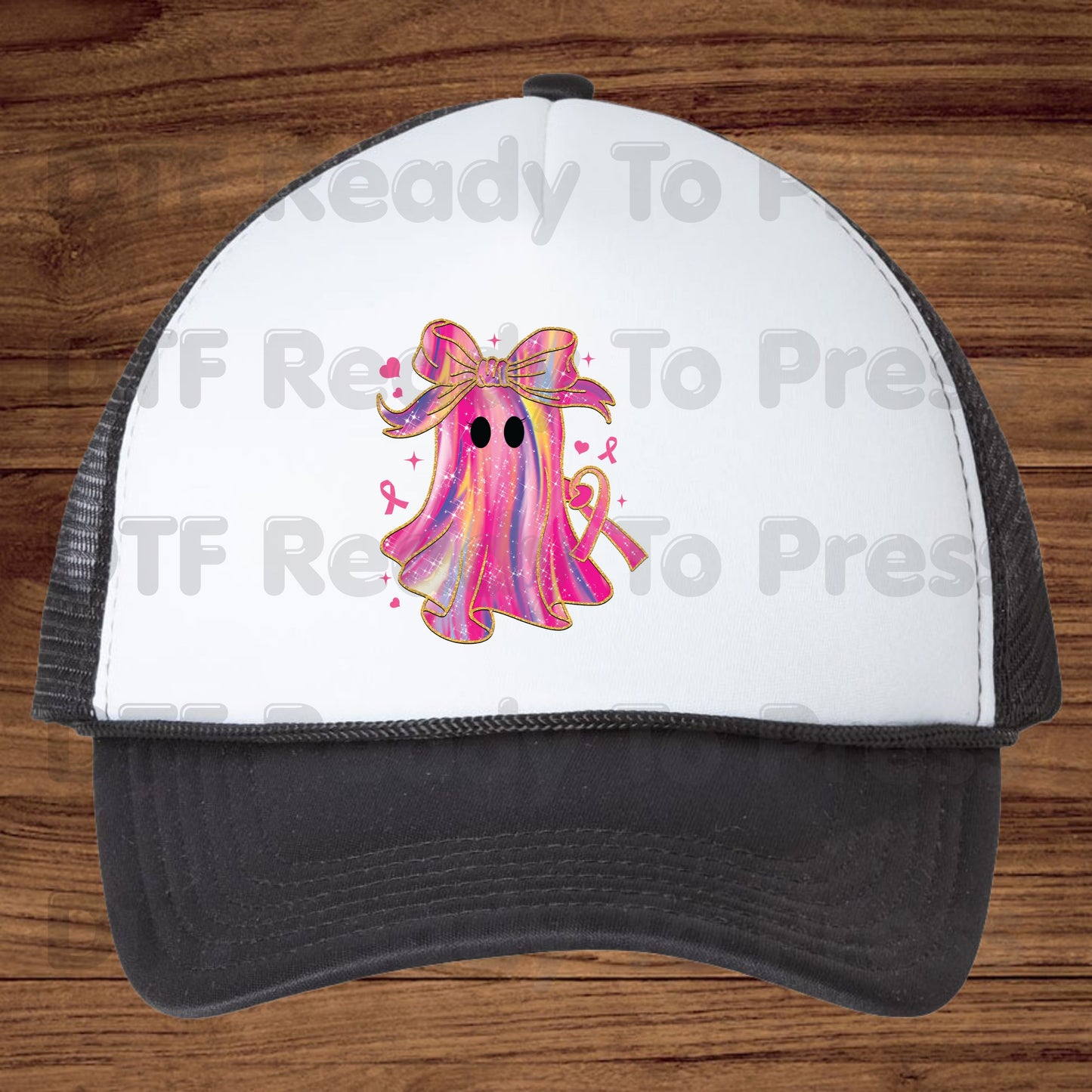 Glitter Pink Ghost Breast Cancer Awareness DTF Transfer Ready to Press Heat Transfer Bow Tee